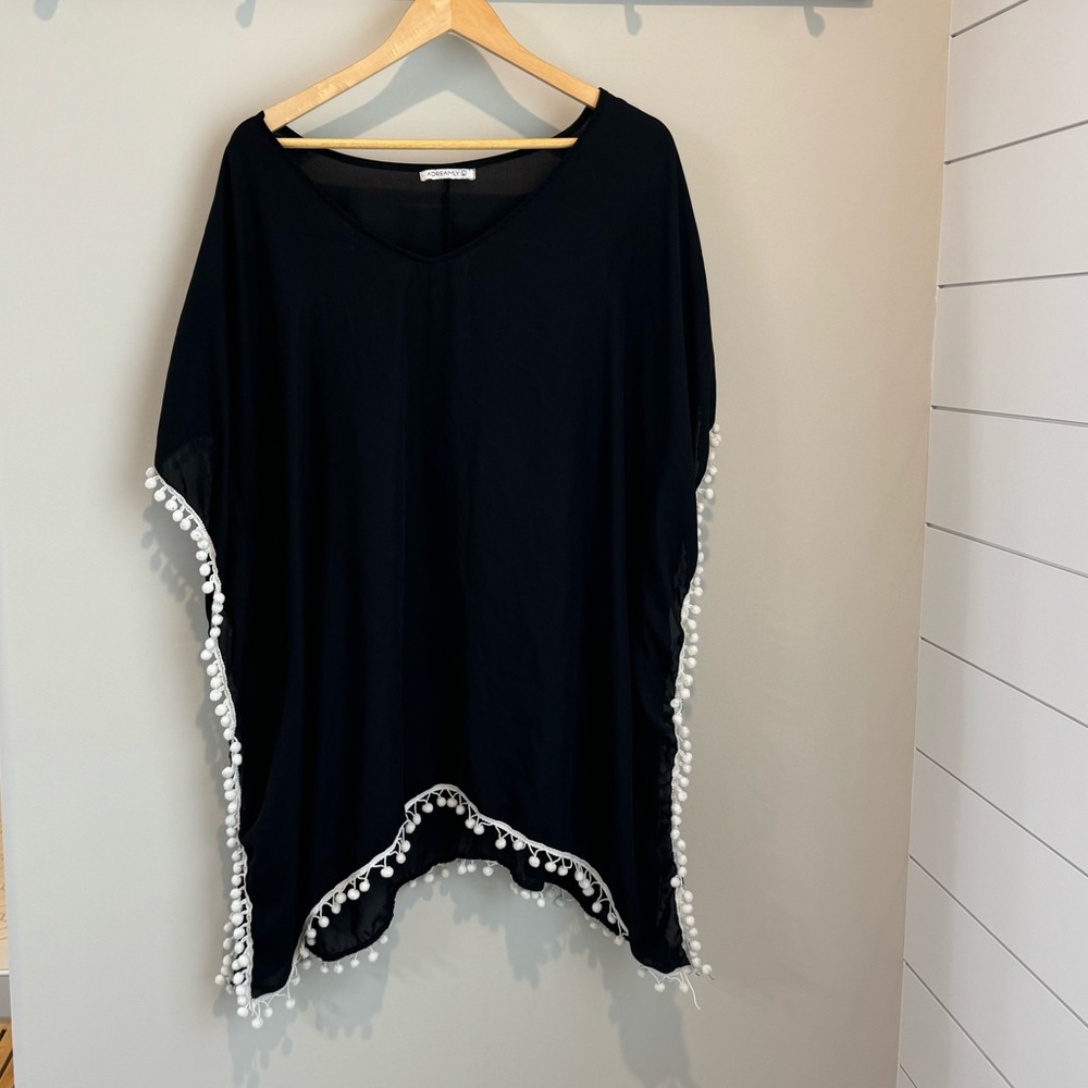 Black boho swimsuit coverup with white pompons - size L - Adreamly beach coverup